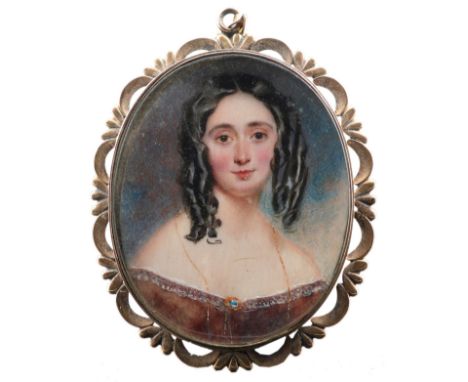 λFollower of William Egley Portrait miniature of a lady, wearing a brown dress with a gold brooch and necklace, and hair in r