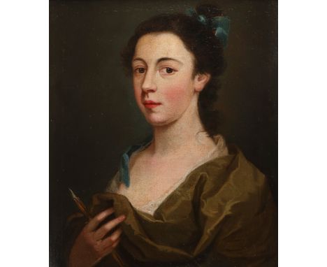 English School Late 18th Century Portrait of a female artist, bust-length, holding a pen Oil on canvas 53.5 x 43.2cm; 21 x 17