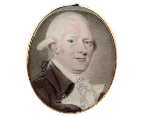 λEnglish School Late 18th Century Portrait miniature of a gentleman, wearing a brown coat and white stock Oval, in a gilt met