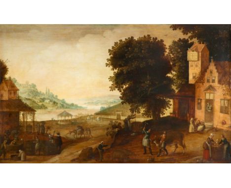 Follower of Sebastian Vrancx Autumn: A river landscape with peasants treading grapes and an ox being slaughtered by a farmhou