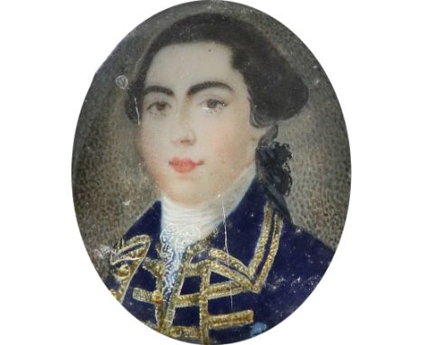 λEnglish School Late 18th Century Portrait miniature of a gentleman wearing a brocade trimmed blue coat, and hair en queue Ov
