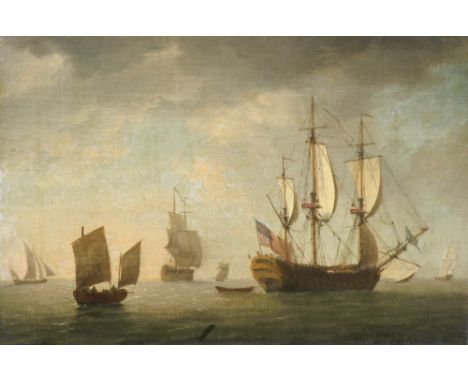 Charles Brooking (1723-1759) Morning - A two-decker before a light breeze with a lugger under sail; Evening - A ship dropping
