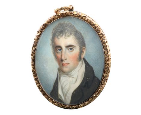 λEnglish School c.1810 Portrait miniature of a gentleman wearing a black coat and cream waistcoat Oval, in a gilt-metal frame