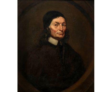 English School c.1700 Portrait of a gentleman wearing a brown coat, lace collar and black cap, in a painted oval Oil on canva