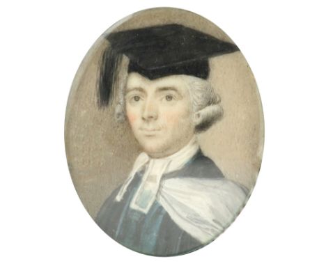 λEnglish School c.1770 Portrait miniature of a gentleman in the dress of Cambridge regent MA Oval, in a gilt metal frame 45 x