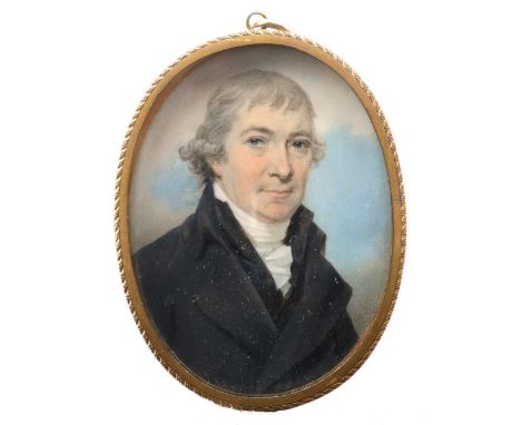 λThomas Richmond (1771-1837) Portrait miniature of a gentleman, with black coat, white stock and powdered hair Oval, in a gil