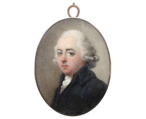λEnglish School c.1800 Portrait miniature of a gentleman, wearing a black coat and with powdered hair Oval, in a gilt metal f