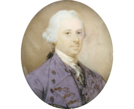 λEnglish School 18th Century Portrait miniature of a gentleman, wearing a purple coat and with powdered hair en queue Oval, i