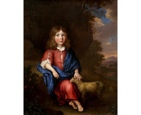 Jan van Haensbergen (Dutch 1642-1705) Portrait of a young boy, seated in a landscape with a sheep Oil on canvas 47 x 37.6cm; 