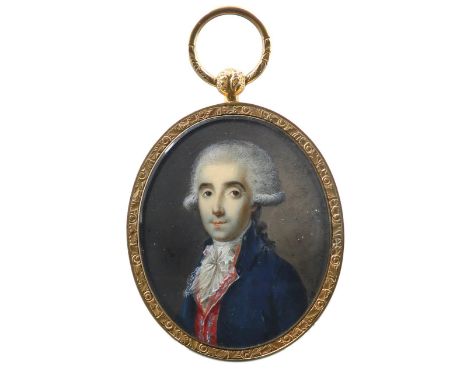 λFrench School 18th Century Portrait miniature of a gentleman wearing a blue coat and red waistcoat Oval, in a gilt metal fra