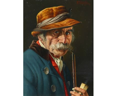 ‡Franz Xavier Wölfle (German 1887-1972) Old man wearing a maroon coat holding a pipe; Old man wearing a blue coat smoking a p