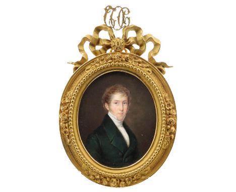 λEnglish School c.1825 Portrait miniature of Major Thomas Otway Cave (1798-1830), wearing a green coat Oval, in a gilt metal 
