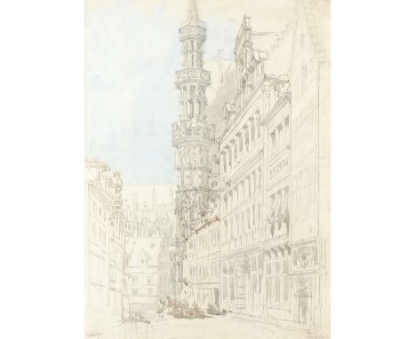 David Roberts RA, RBA (1796-1864) Street scene in Leuven with the town hall (recto); Study of the town hall at Leuven (verso)