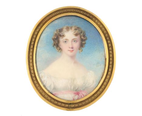 λAndrew Robertson (1777-1845) Portrait of a young lady, in a white dress with a pink sash Signed with initials and dated AR/1