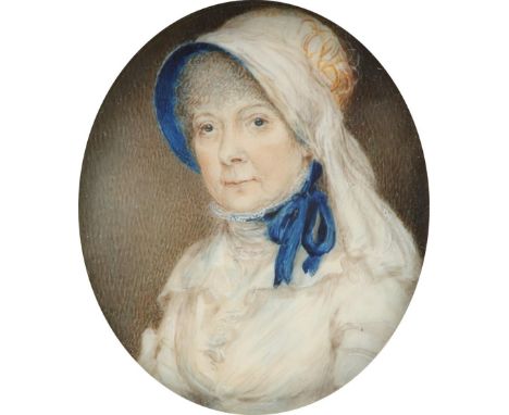 λEnglish School 19th Century Portrait miniature of a lady, wearing a white dress and blue lined white bonnet Oval, in a recta