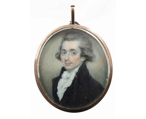 λEnglish School late 18th Century Portrait miniature of a gentleman, wearing a black coat, and with powdered hair Oval, in a 