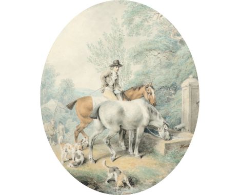 Samuel Howitt (c.1765-1822) A huntsman watering his horses and hounds at a trough Signed Howitt (lower right) Watercolour 29.