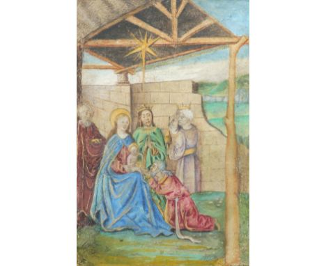 An illuminated manuscript depicting The Adoration of the Magi Bodycolour on vellum, possibly 15th century 13.5 x 9.4cm; 5¼ x 