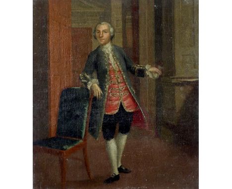 Circle of Arthur Devis Portrait of a gentleman, full-length, in a green coat and red waistcoat, standing by a chair Oil on ca