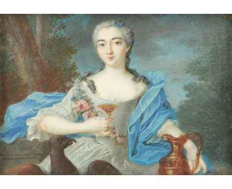 λAndré-Claude Martin Lefevre D'orgeval (French act. 1740-1760) Portrait of a lady, wearing a grey dress, blue shawl, and a ga