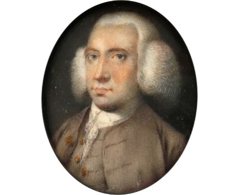 λAttributed to Robert Bowyer (1758-1834) Portrait miniature of a gentleman, wearing a grey coat and waistcoat, with a powdere