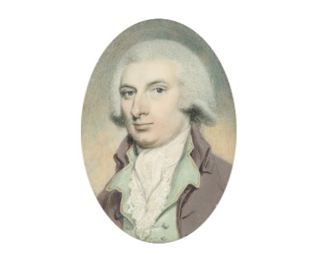 λEnglish School 18th Century Portrait miniature of a gentleman, wearing a mauve coat and green waistcoat Oval, in a gilt meta