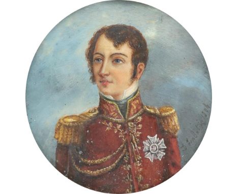 λFrench School c.1900 Portrait miniature of an officer, wearing a red coat, turned to the right; Portrait miniature of an off