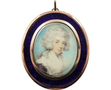 λPhilip Jean (1755-1802) Portrait miniature of a lady, wearing a brown dress and white fichu, and with powdered hair Oval, in