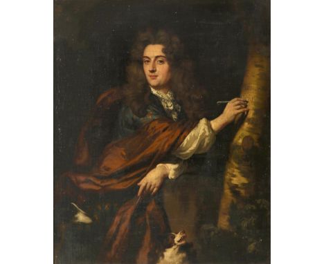Nicolaes Maes (Dutch 1634-1693) Portrait of a young man, three-quarter length, in a Japanese rok, holding a hunting spear and