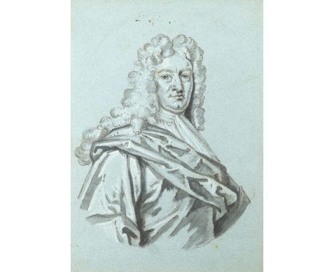 Edward Byng (c.1676-1753) Portrait study of a gentleman, half-length Pen and ink wash heightened with white on blue paper 27.