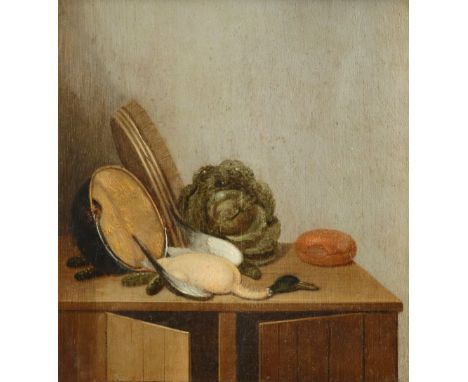 Gerrit van Vucht (Dutch 1610-1697) Still life with a duck, cabbage, gherkins, bread roll, cauldron and tub Signed with monogr