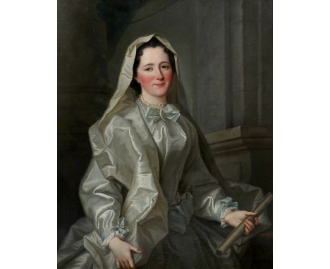 French School 18th Century Portrait of a lady, three quarter length, wearing a grey silk dress and veil, standing in an inter