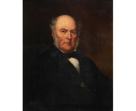 English School c.1870 Portrait of a gentleman, half-length, wearing a black coat and seated in an interior Oil on canvas 76.7