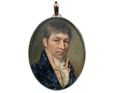 λWilliam Naish (c.1767-1800) Portrait miniature of a gentleman, wearing a blue coat and striped waistcoat Oval, in a gilt met