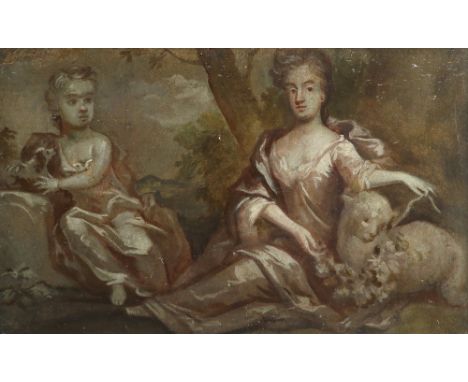 Circle of Mary Beale Portrait of a lady as St. Agnes, and a young boy with a dog, in a landscape Oil on paper 17.5 x 28.4cm; 
