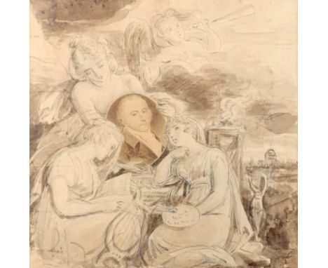 Thomas Stothard RA (1755-1834) Design for a frontispiece, with the allegories of painting, poetry and music surrounding a por