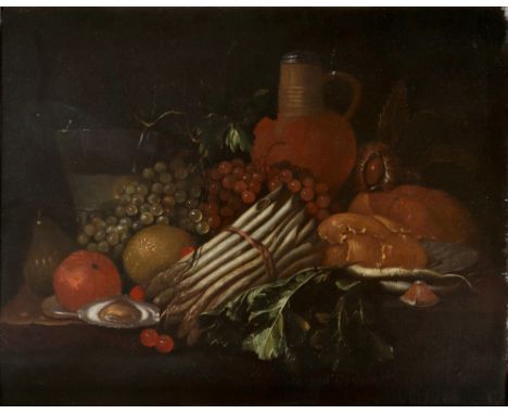 Spanish School 17th Century Still life with asparagus, an oyster, fruit and a pitcher on a ledge Oil on canvas 45.3 x 55cm; 1
