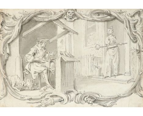Hubert-François Gravelot (French 1699-1773) A cobbler in his stall with a maid at a doorway Pen and ink with grey wash 13.5 x