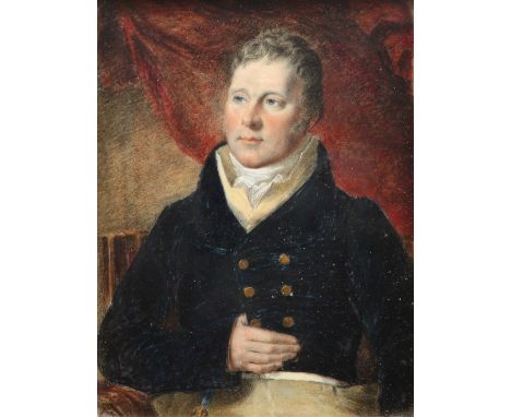 λEnglish School Early 19th Century Portrait miniature of a gentleman, half-length, seated in an interior, wearing a blue coat