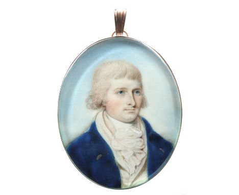 λThomas H. Hull (act. 1775-1827) Portrait miniature of a gentleman in a blue coat and white waistcoat Oval, in a gilt metal f