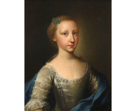 English School c.1760 Portrait of a girl, half-length, in a grey dress and blue wrap Oil on canvas 53.5 x 43cm; 21 x 17in