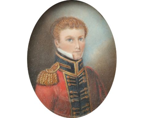 λEnglish School 19th Century Portrait miniature of Henry Leach of Corston, Pembrokeshire, in uniform Oval, in an ebonised rec