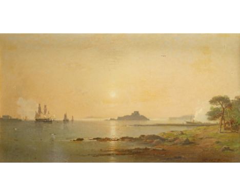 English School 1875 Coastal landscape with shipping in calm waters and island fortresses Signed with monogram and dated 1875 