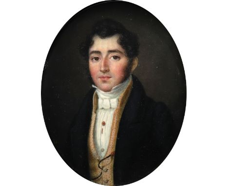 λEnglish School 1831 Portrait miniature of a gentleman, wearing a black coat and yellow waistcoat Dated 1831 (lower left) Ova