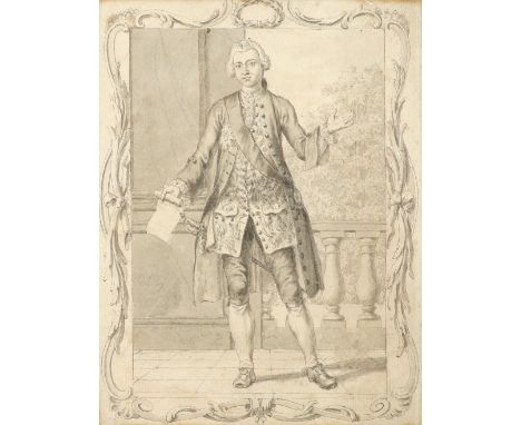 English School Late 18th Century Portrait of a gentleman, standing full-length on a terrace holding a scroll, within a scroll