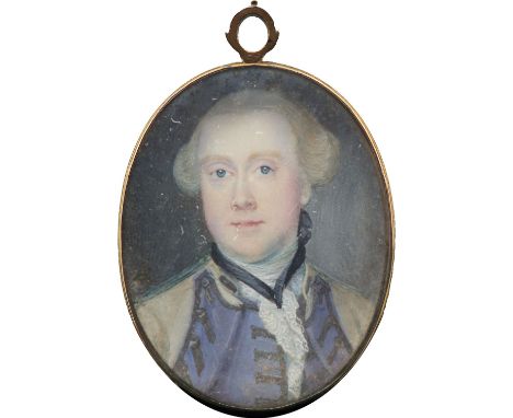 λAndrew Benjamin Lens (c.1713-c.1779) Portrait miniature of a gentleman, wearing a blue lined beige coat, blue waistcoat and 