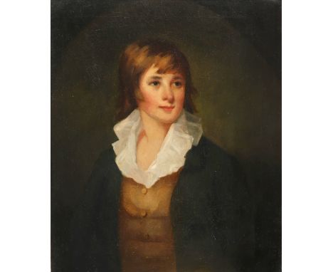 Circle of William Beechey Portrait of a boy, half-length, wearing a black coat and yellow waistcoat Oil on canvas 61 x 51cm; 