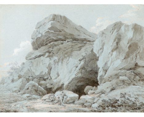 Circle of William Taverner Rocky landscape with figures in the foreground Pen and ink and wash heightened with white on blue 