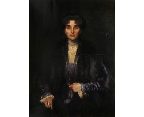 British School c.1900 Portrait of Nita Williams, three-quarter length, wearing a blue dress and black shawl Oil on canvas 104