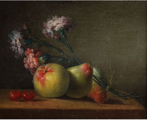 Attributed to Anne Vallayer-Coster (French 1744-1818) Still life with pears, cherries, an apple and carnations on a ledge Oil